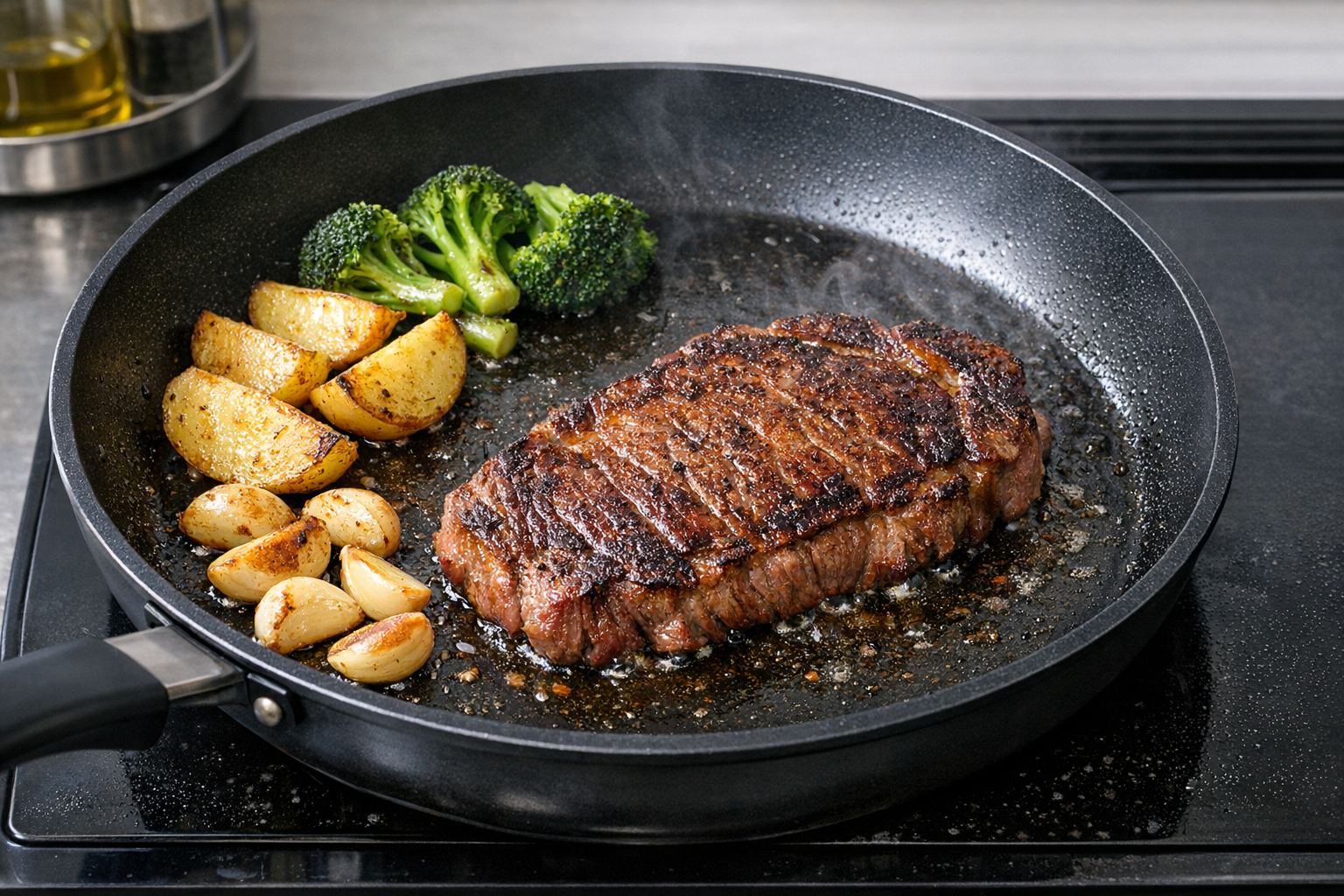 28cmの広いフライパンで、ステーキ肉と付け合わせの野菜が焼かれている様子