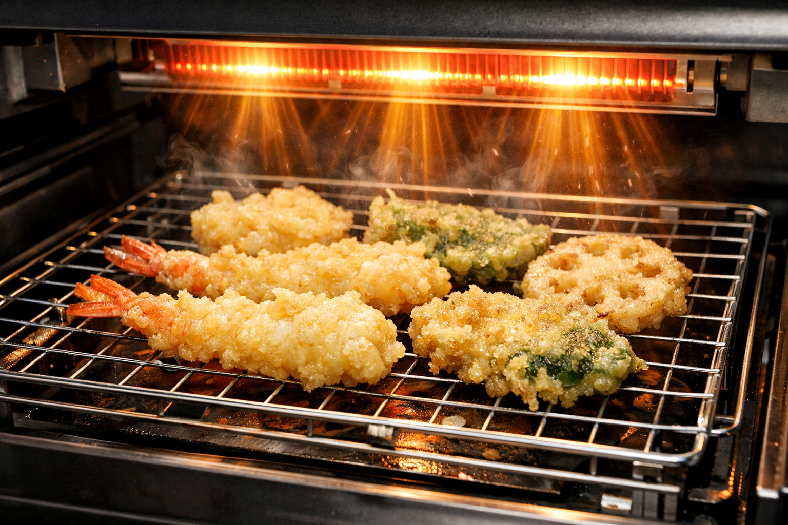 魚焼きグリルの網の上に並べられた天ぷらと、反射する熱のイメージ