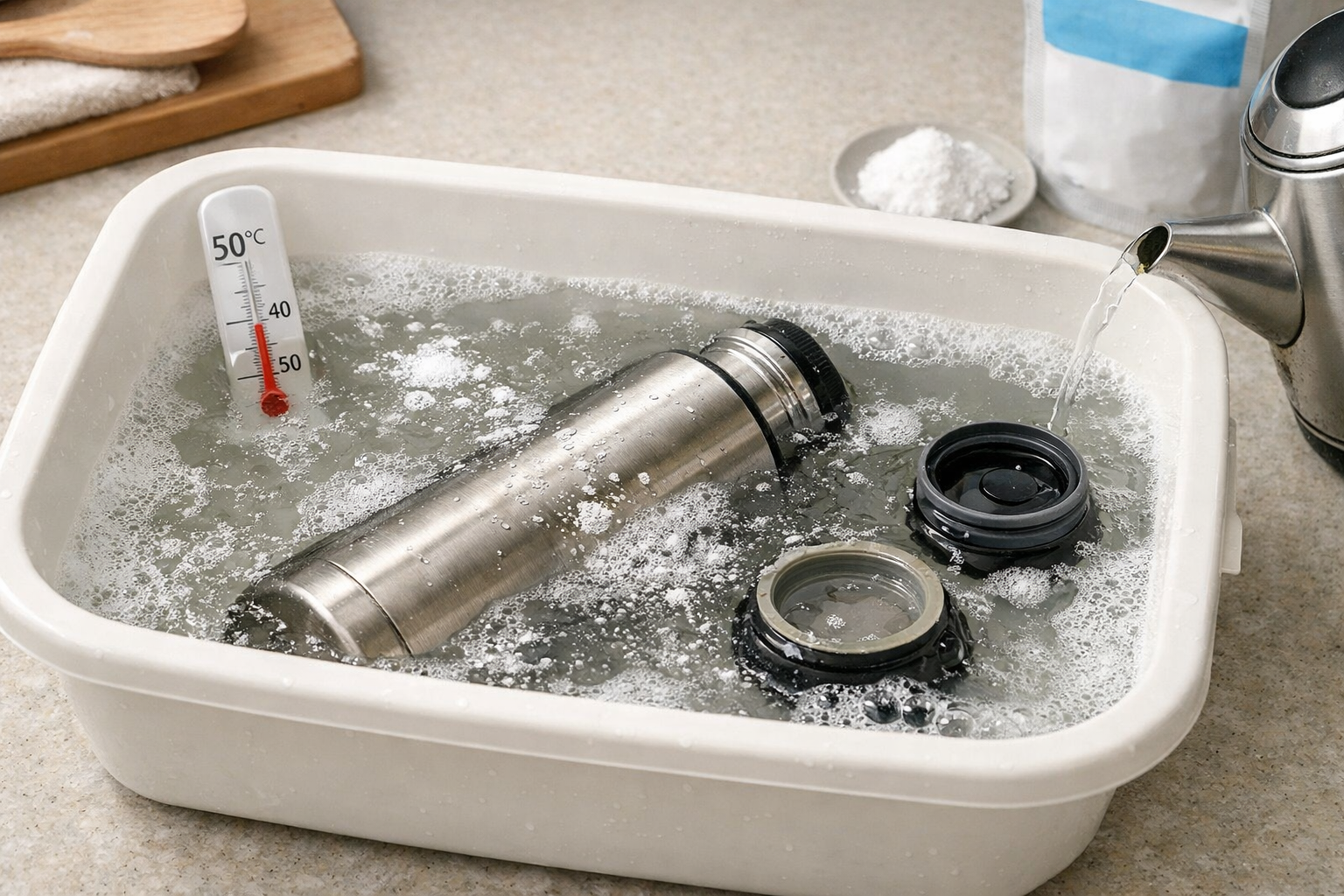 適切な温度のお湯で水筒を浸け置き洗浄している様子