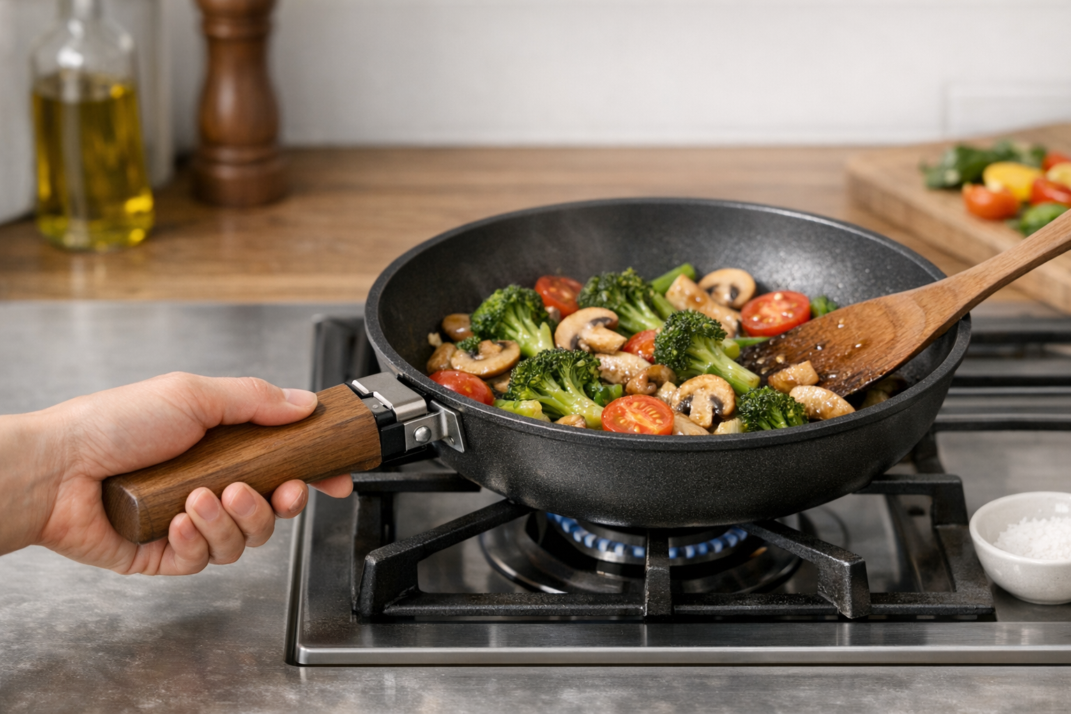 ハンドルを片手で装着し、調理を行う様子