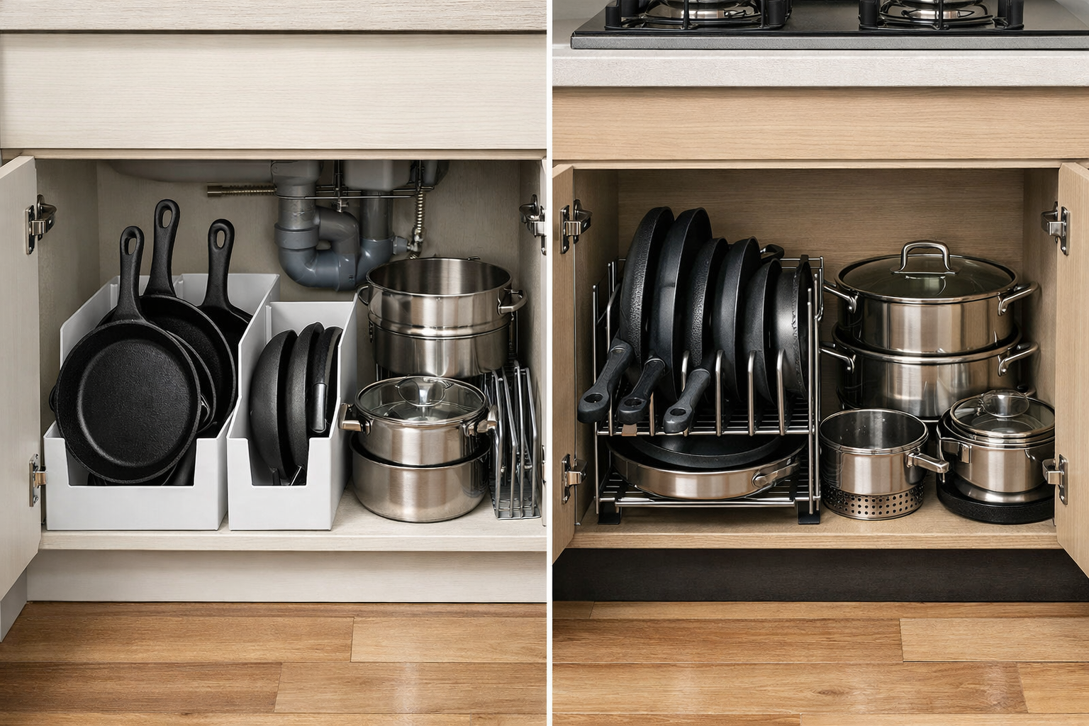 100均で解決！フライパン収納アイデアとコンロ下・シンク下の整理術のイメージ