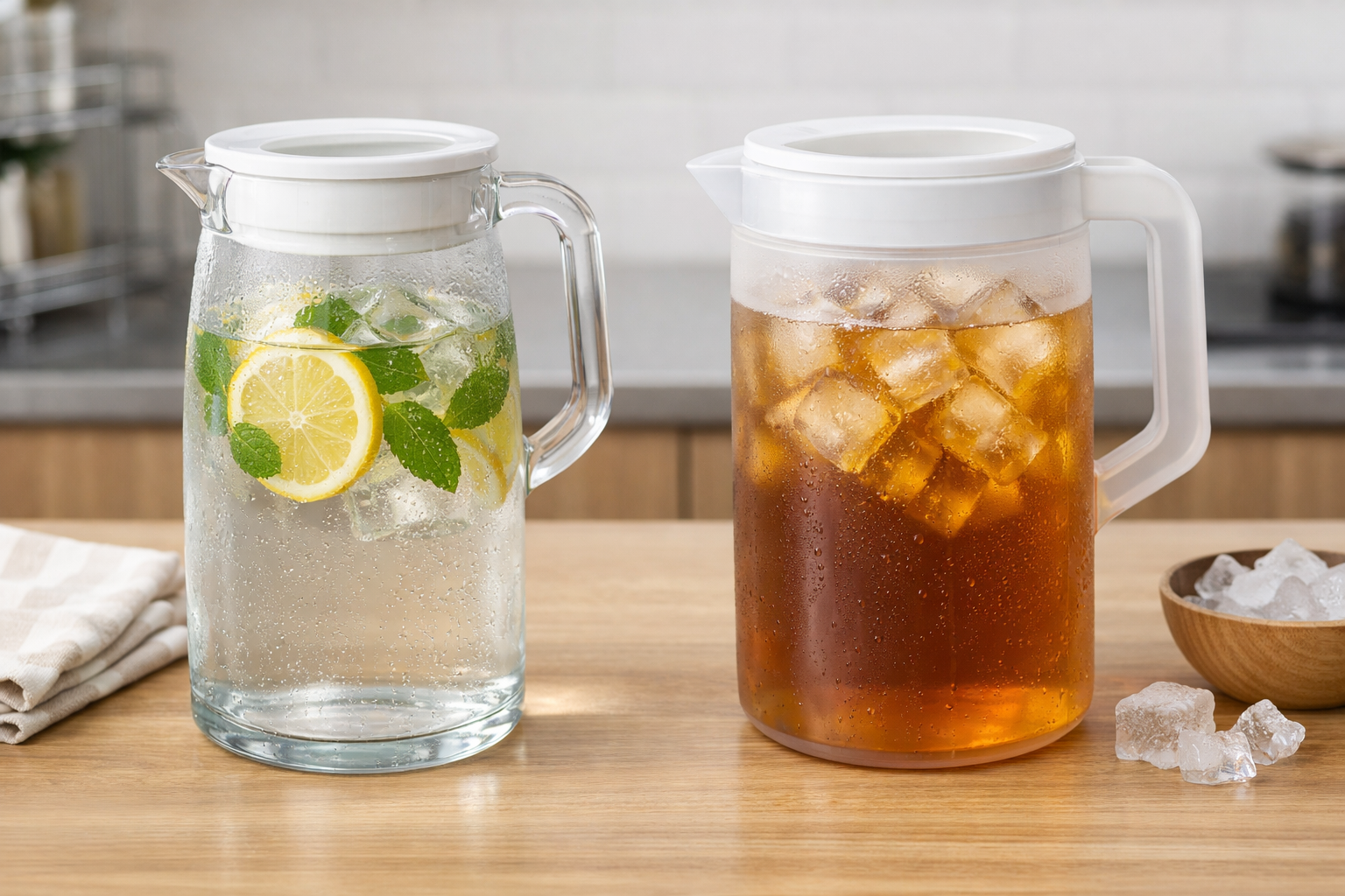 ガラス製とプラスチック製のピッチャーに飲み物を入れた比較