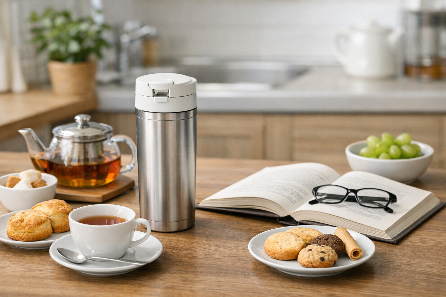清潔に保たれたお気に入りのタンブラーがある充実したティータイムの様子