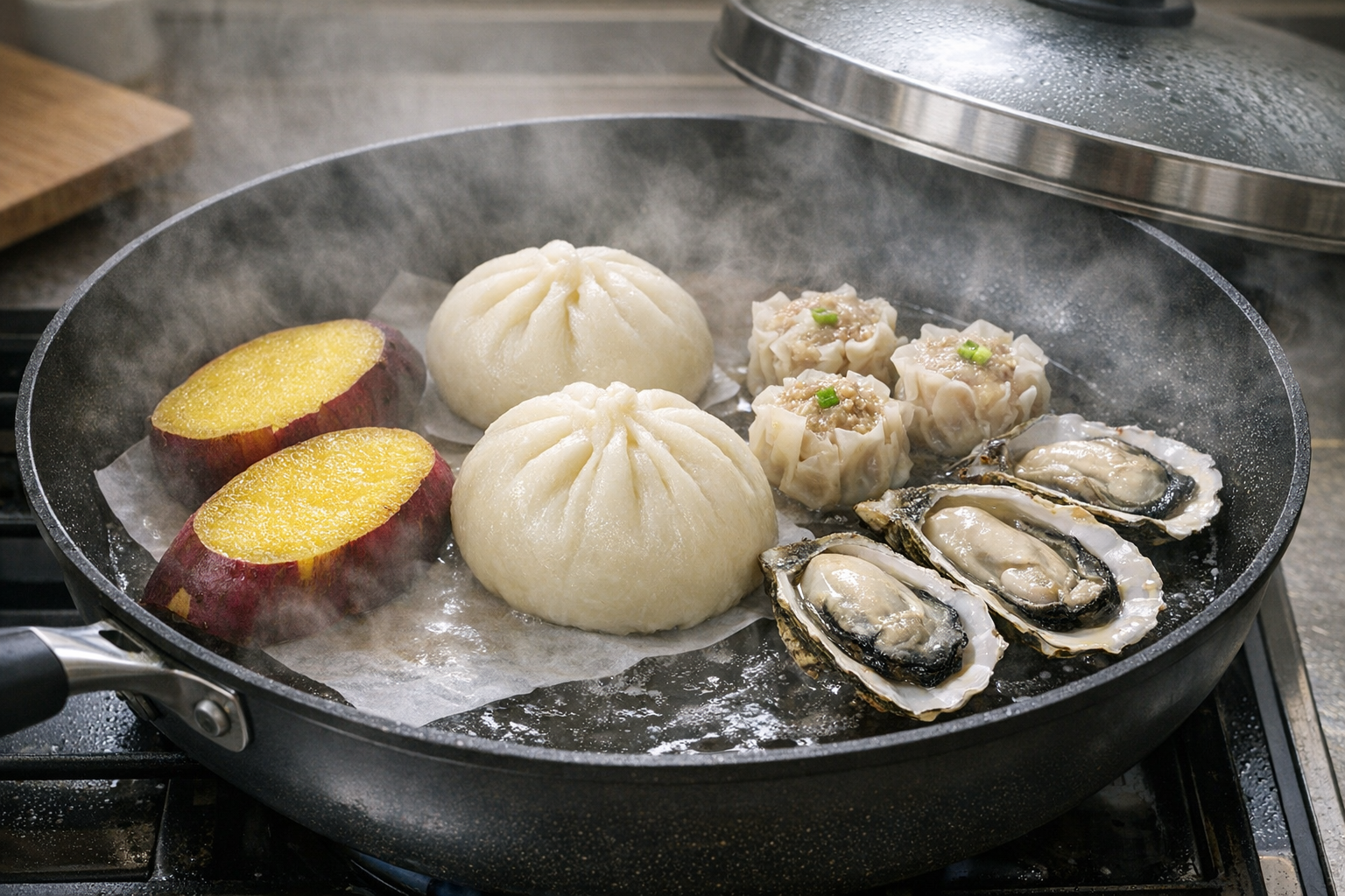 様々な食材（さつまいも、肉まん、シュウマイ、牡蠣など）がフライパンで蒸し上がっているイメージ画像