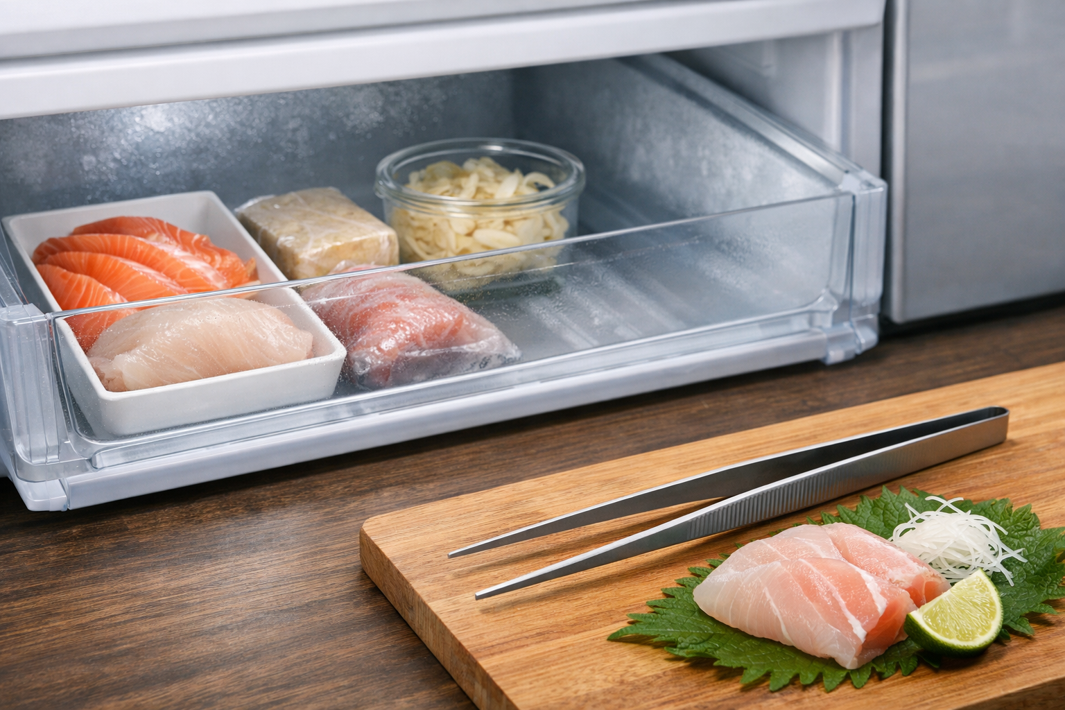 冷蔵庫のチルド室と調理用ピンセットのイメージ