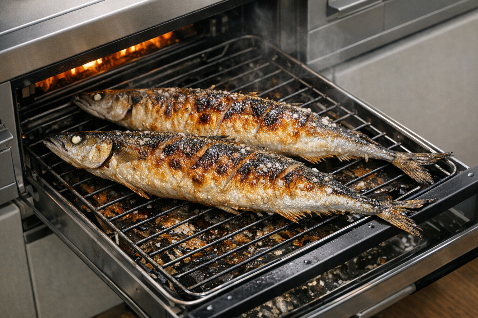 魚焼きグリルで美味しそうに焼けた塩焼きの様子