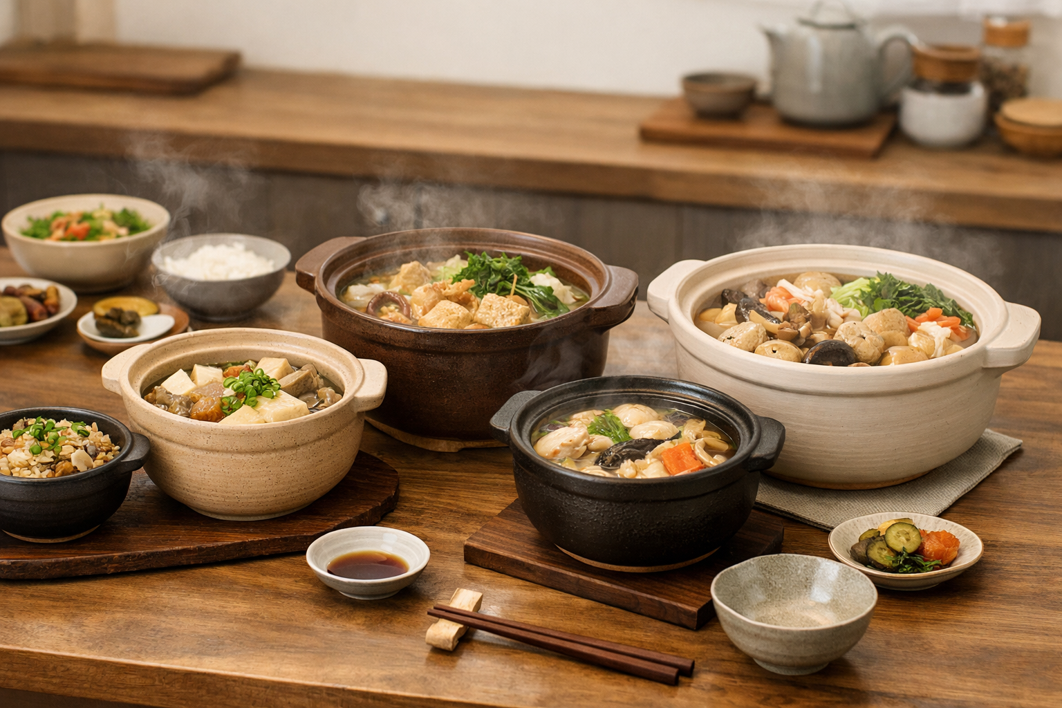 食卓に置かれた温かい土鍋料理の風景。複数のサイズの土鍋が並んでいるイメージ