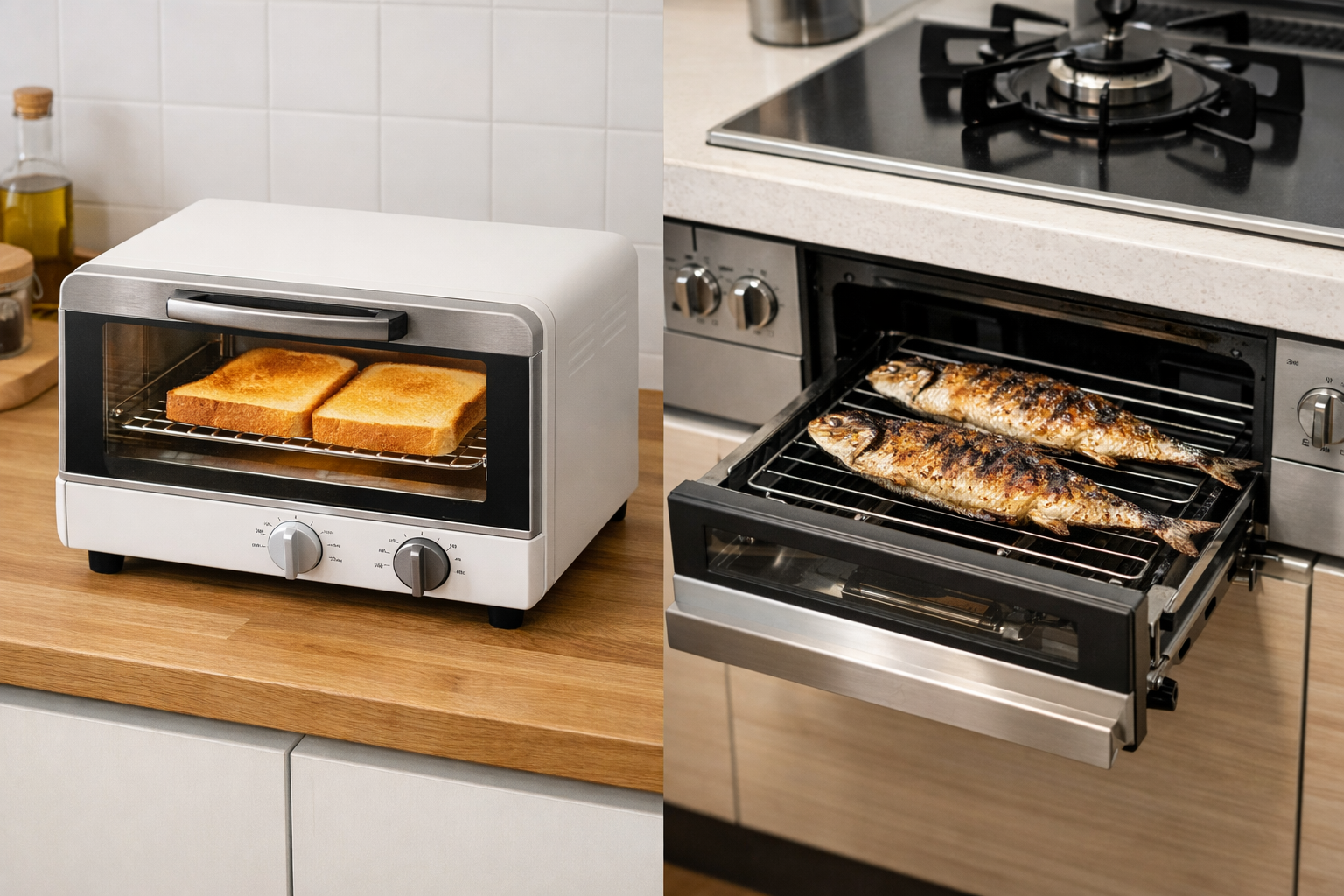 キッチンのカウンターに並べられたオーブントースターと、ビルトインの魚焼きグリルの比較イメージ
