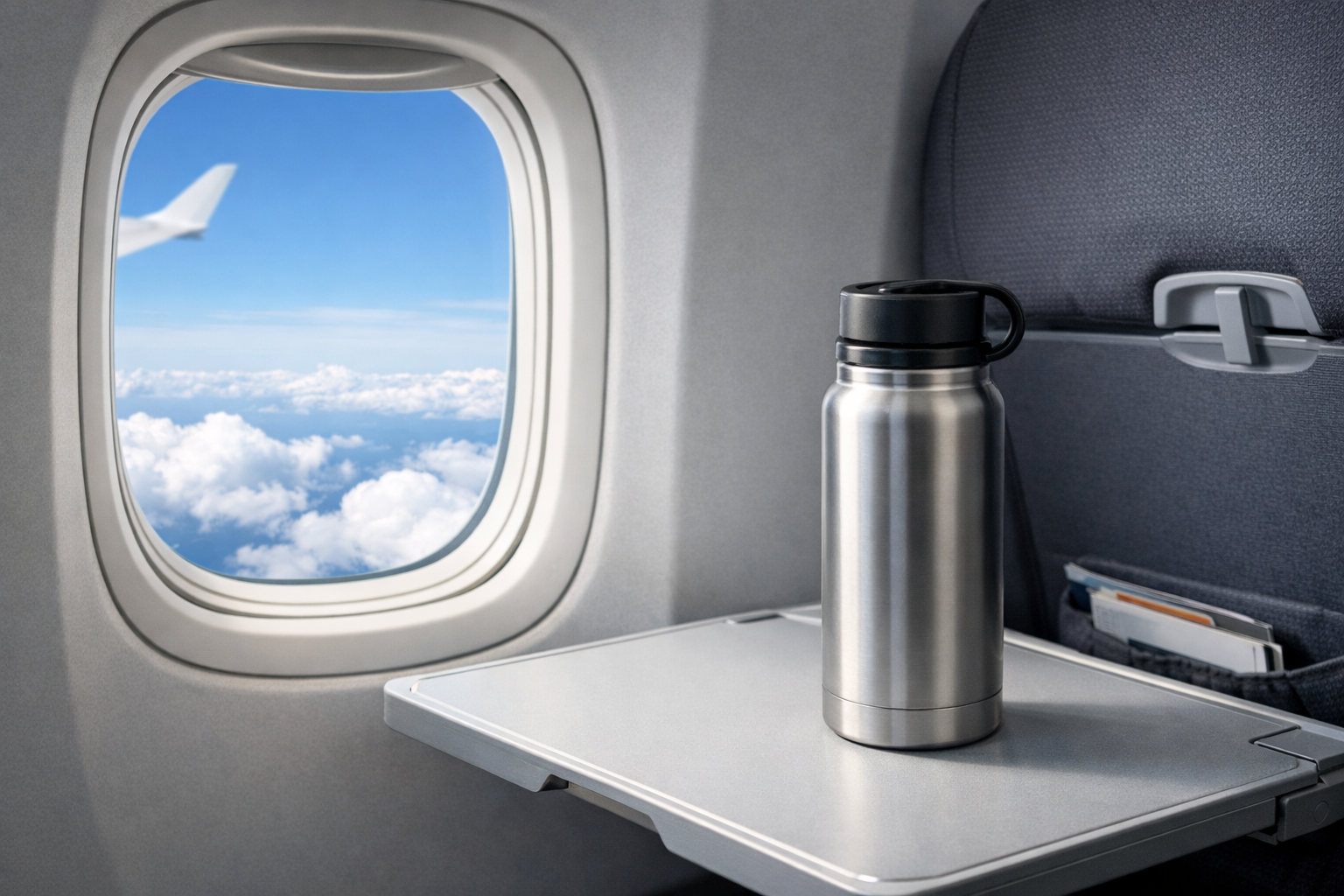 飛行機の窓から見える青空と雲、そして座席のテーブルに置かれた水筒のリラックスした様子