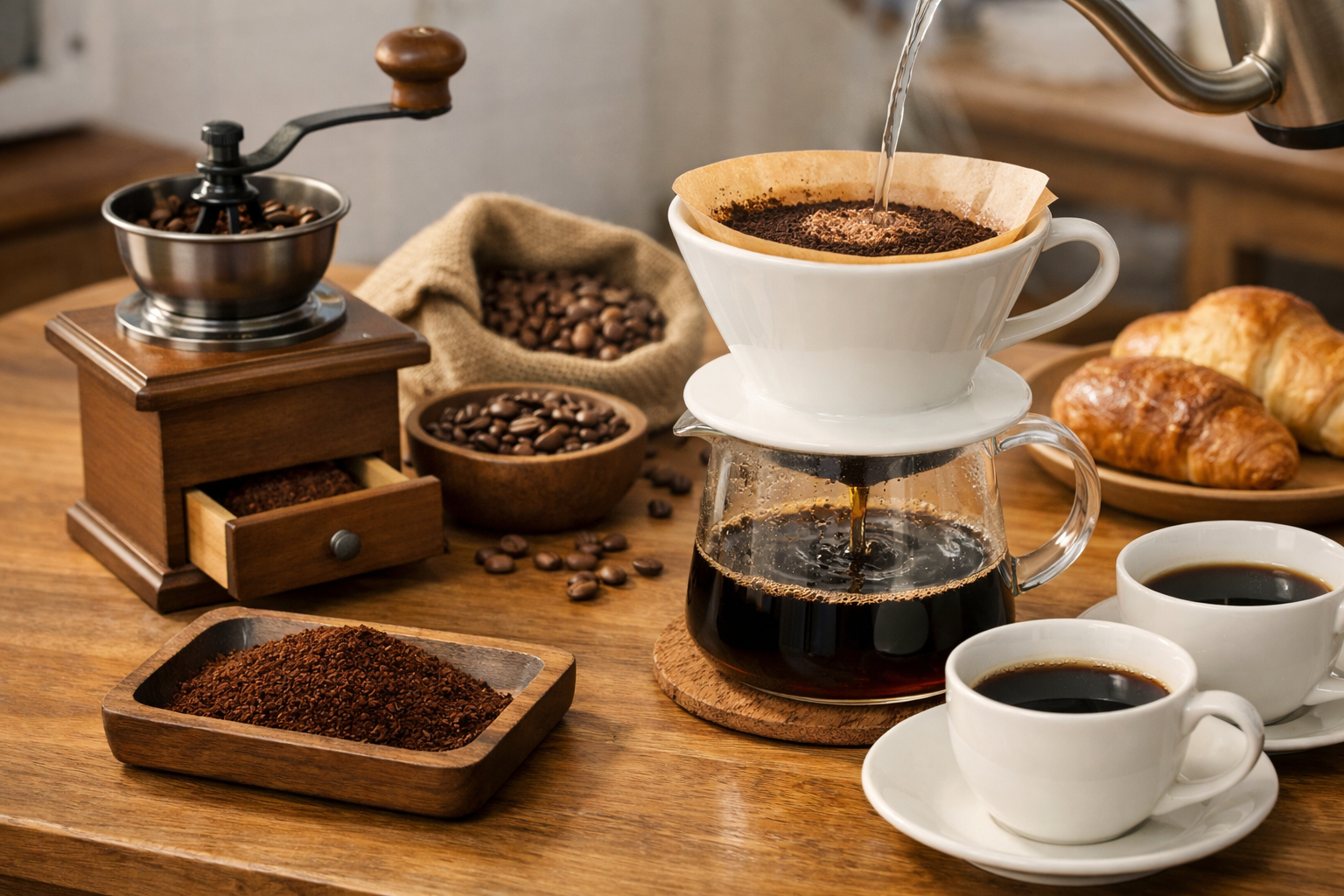 挽きたてのコーヒーとドリッパー、コーヒーミルのある豊かな食卓風景