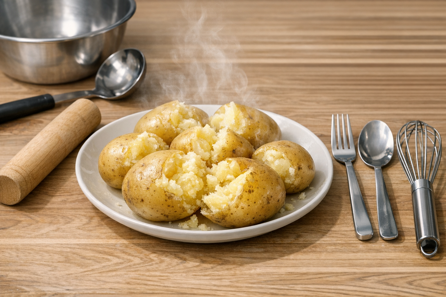 ホクホクに茹で上がったじゃがいもと、フォークやスプーンなど身近なキッチンツールが並んでいる様子