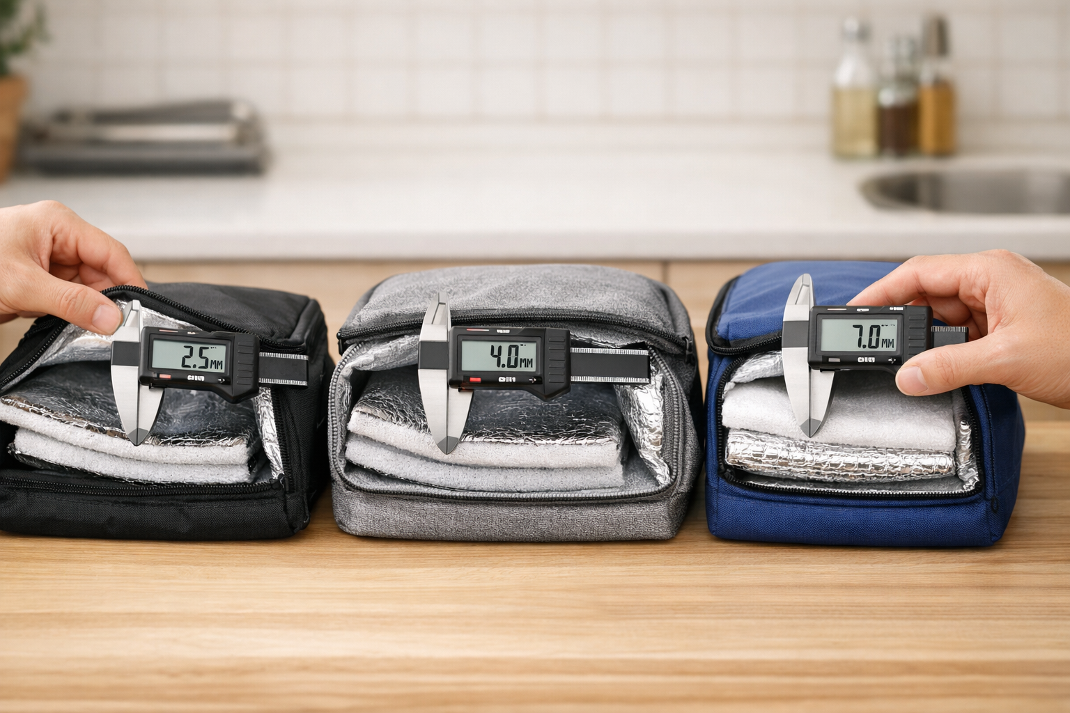 異なるメーカーの保冷バッグの生地の厚みを比較している図