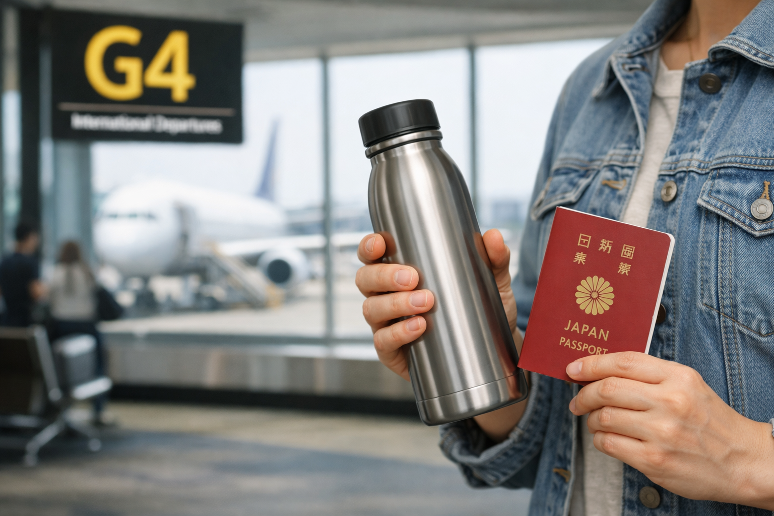 国際線の搭乗ゲート前で、空のステンレス水筒とパスポートを持っている様子