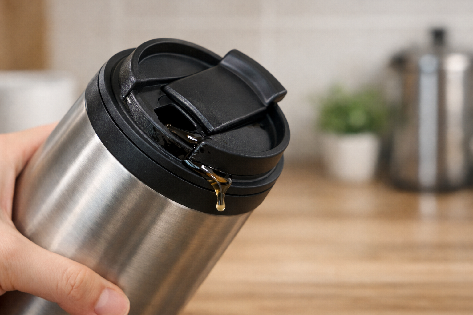 蓋付きのタンブラーを傾けた際に、飲み口の隙間から少し飲み物が滲み出ている様子