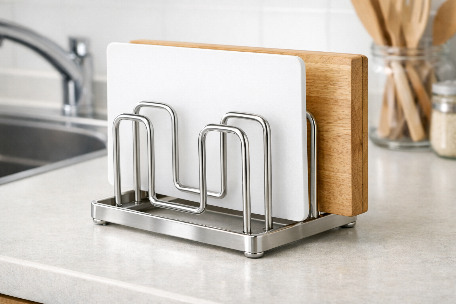 サビに強い18-8ステンレスで作られた、無印良品のシンプルで美しい輝きを持つまな板スタンドのクローズアップ