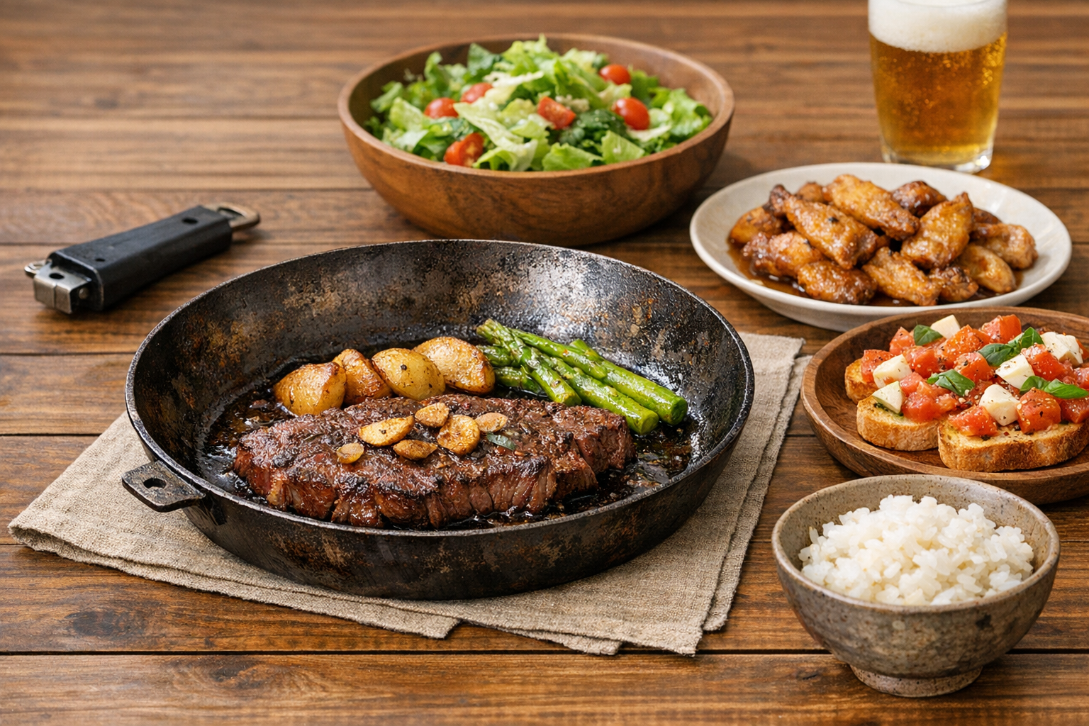 使い込まれたフライパン「ジュウ」と美味しい食卓