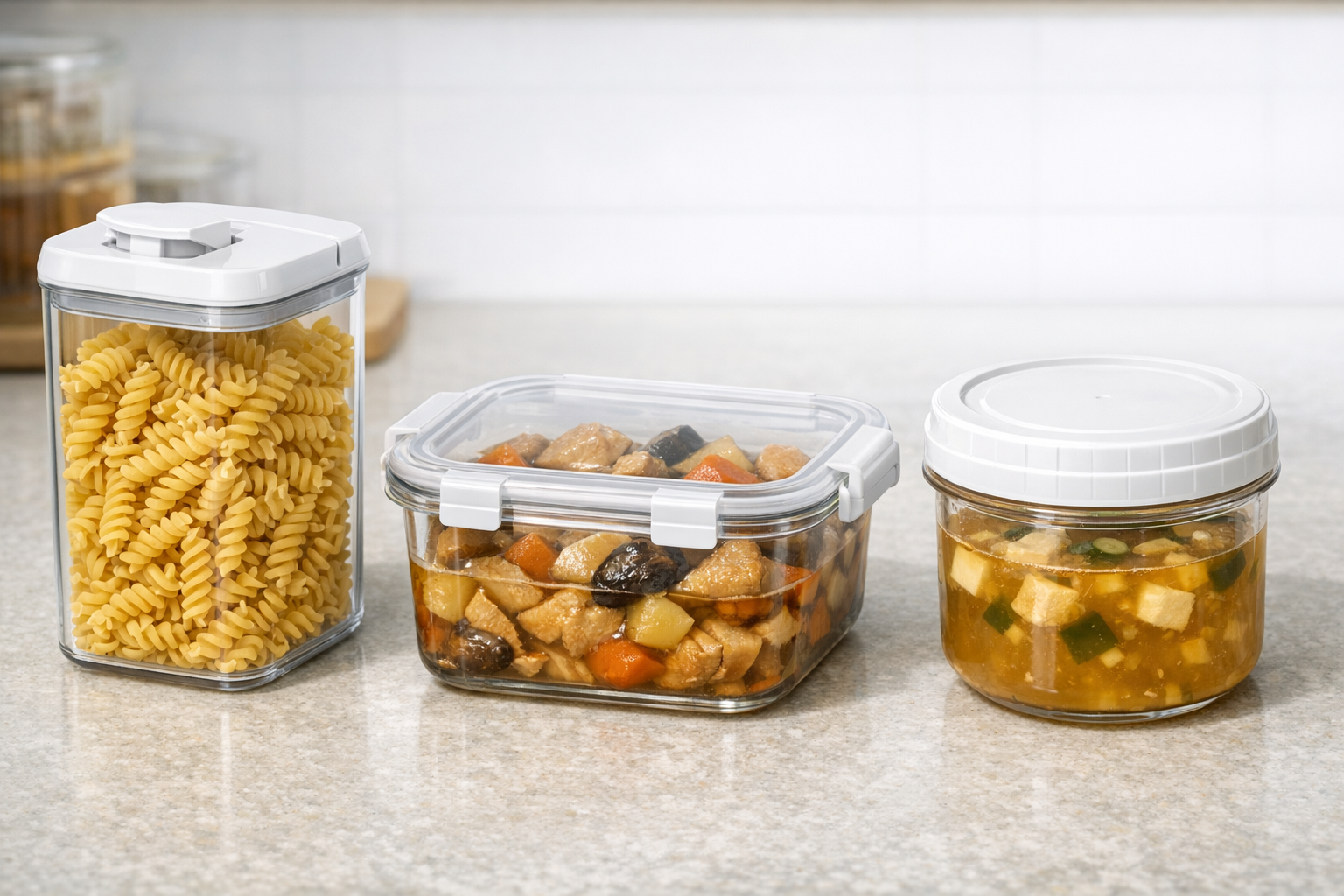 ワンタッチ式のキャニスターや耐熱ガラス容器が食材ごとに適切に使われている様子