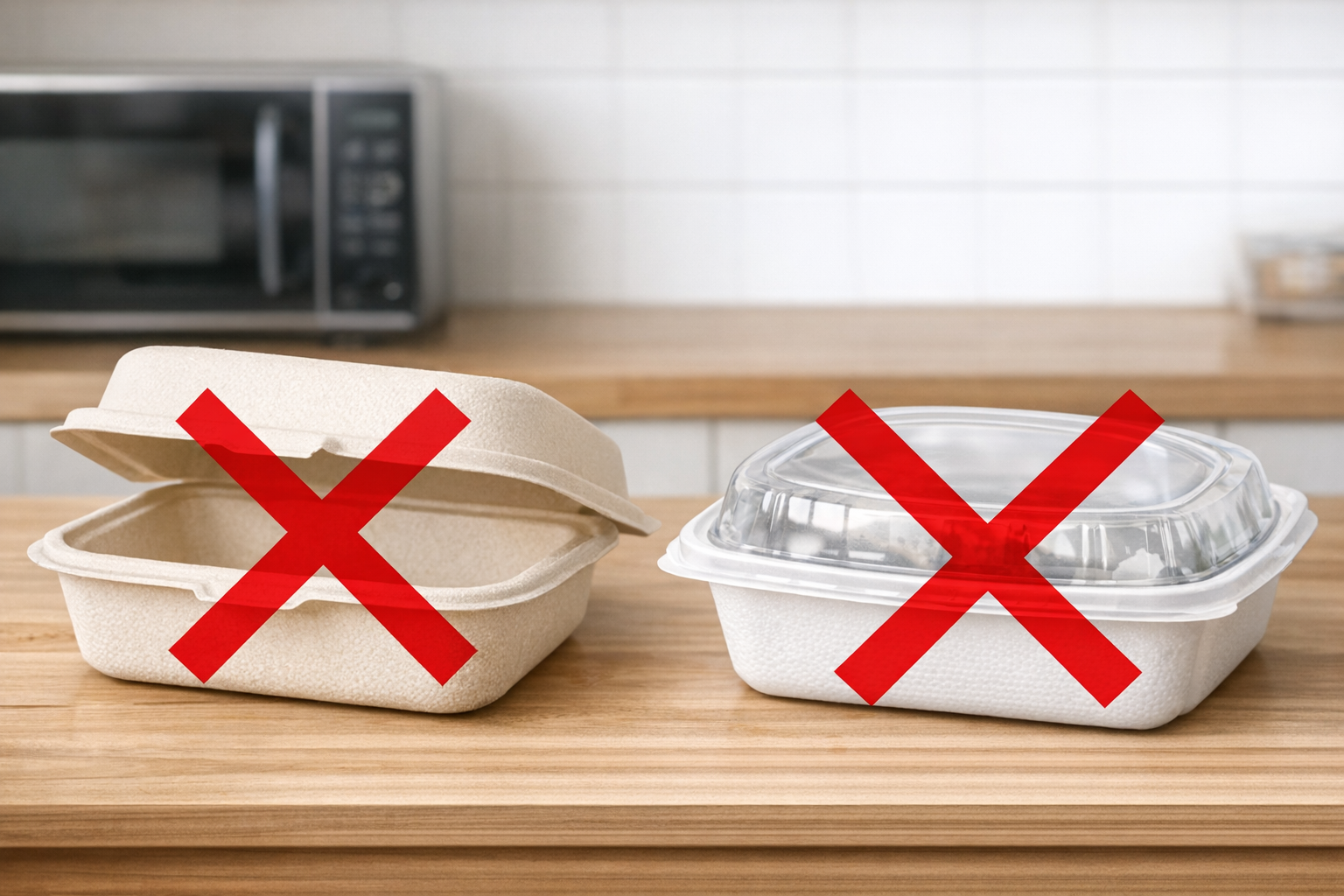 電子レンジ不可のバガス容器やポリスチレン容器に×印がついた注意喚起のイメージ