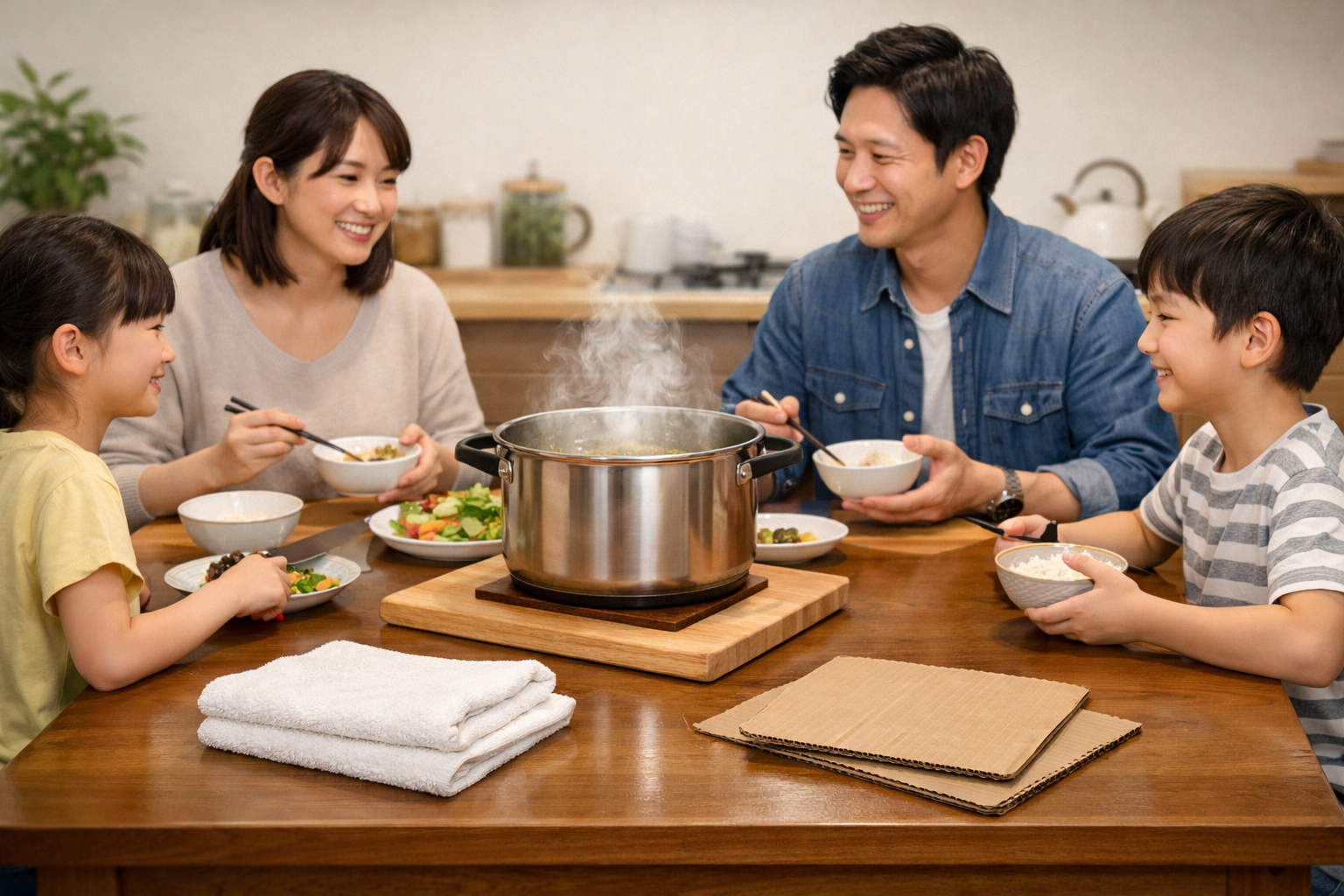 安全に代用品を使って食卓を囲む家族のイメージ