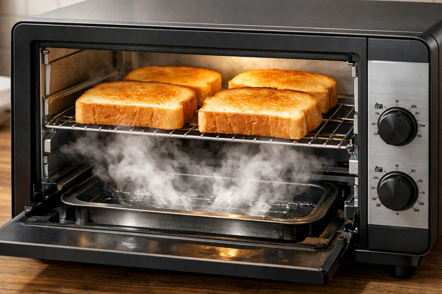 アイリスオーヤマのスチームトースターで、水受け皿からスチームが発生してパンを焼き上げているイメージ