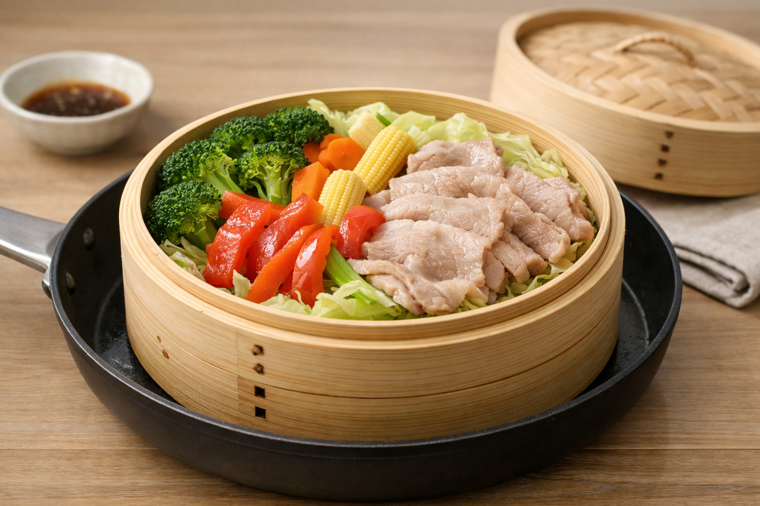 きれいに蒸し上がった色鮮やかな野菜と豚肉のせいろ蒸し料理の完成イメージ