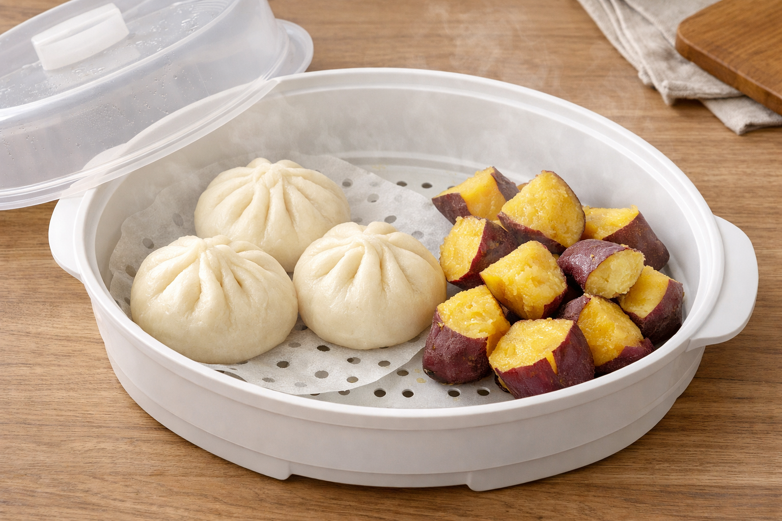 レンジ蒸し器を使ってふっくらと仕上がった肉まんとホクホクのさつまいものイメージ画像