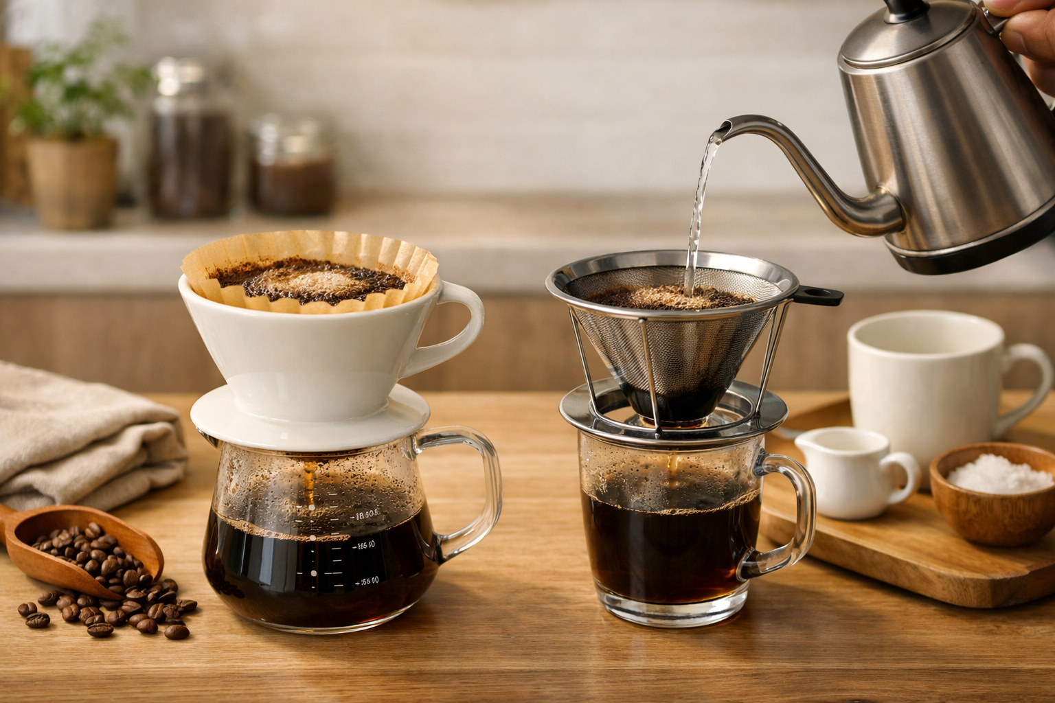 100均のコーヒードリッパーで丁寧にコーヒーを淹れている、心地よいコーヒータイムの風景