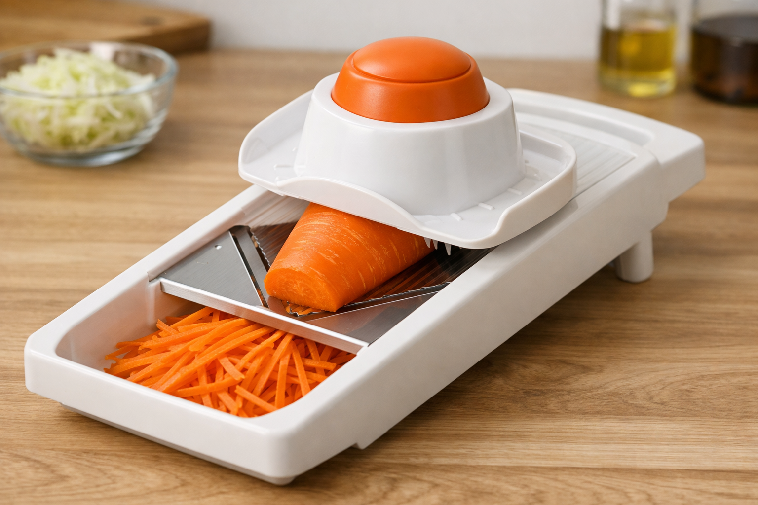 にんじんを安全にスライスしている趣旨:専用の安全ホルダーを使ってにんじんをスライサーにかけている手元のアップ