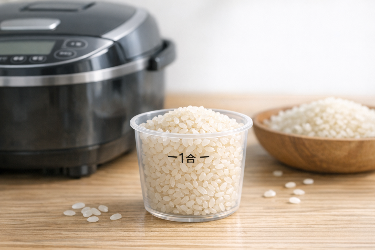 炊飯器の前に置かれたお米一合が入った専用の計量カップ