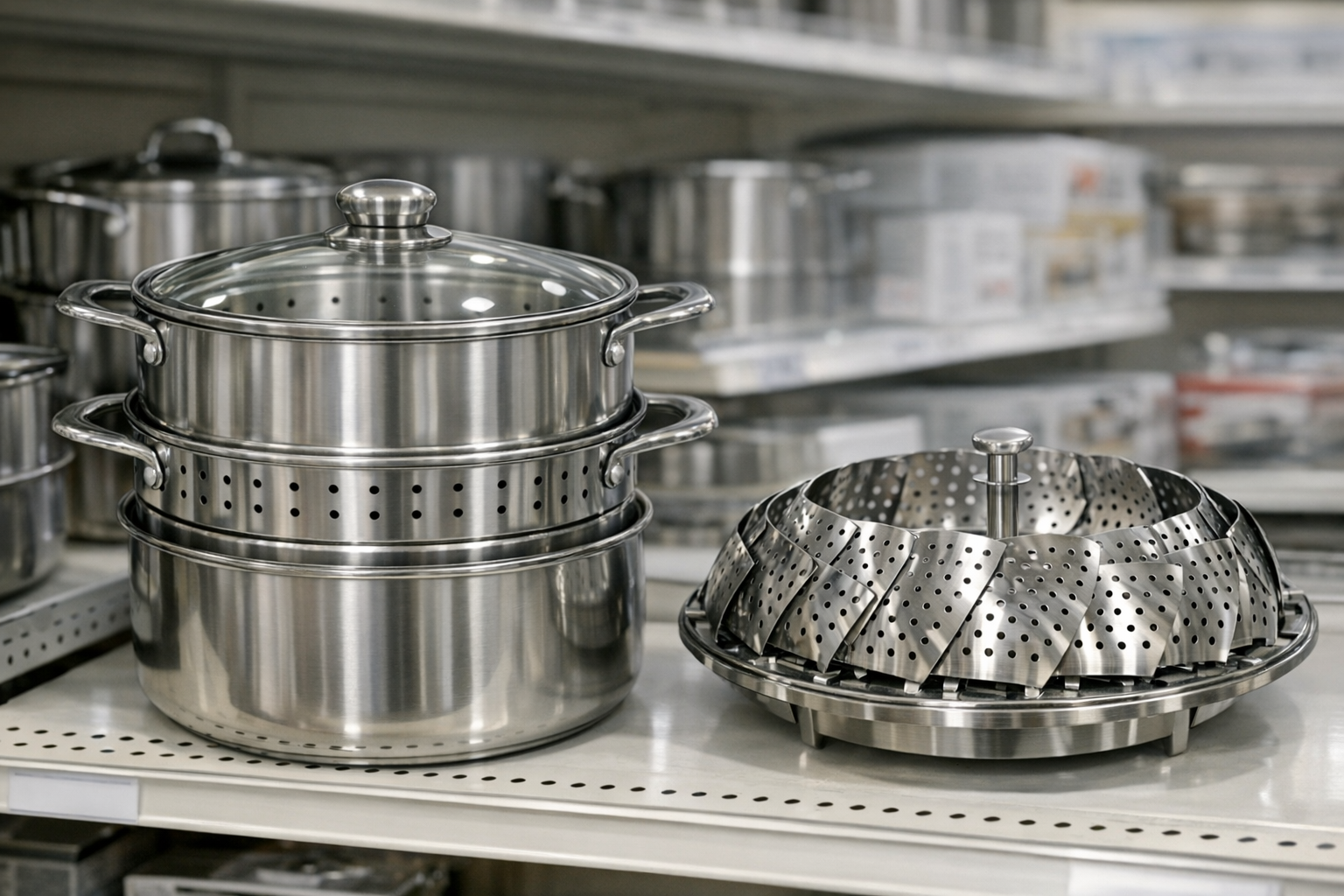 ニトリの店舗に陳列されている、手頃な価格のステンレス製蒸し器やスライド式蒸し器