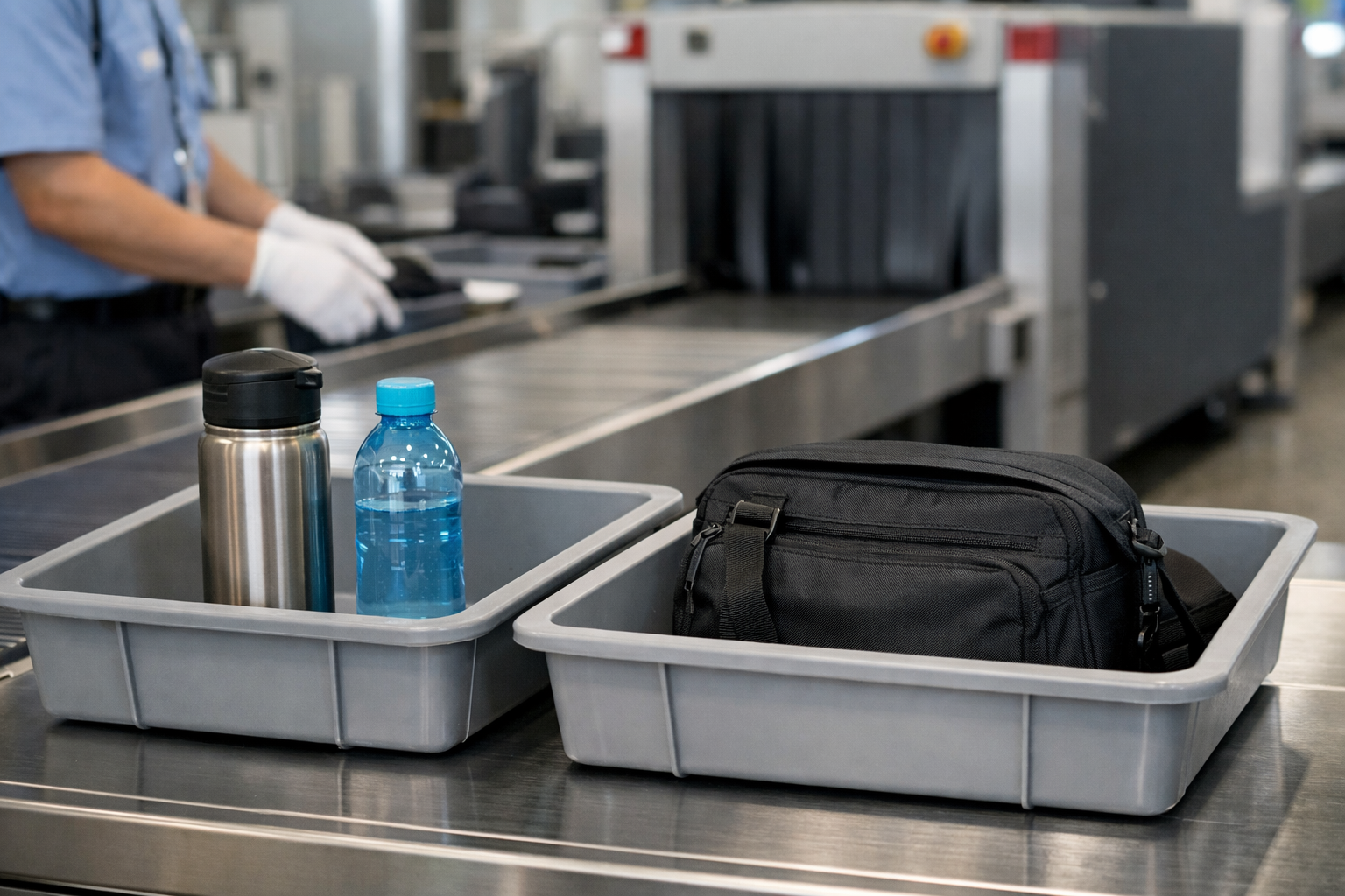 国内線の保安検査場で、手荷物検査のトレイに水筒やカバンが並べられている様子