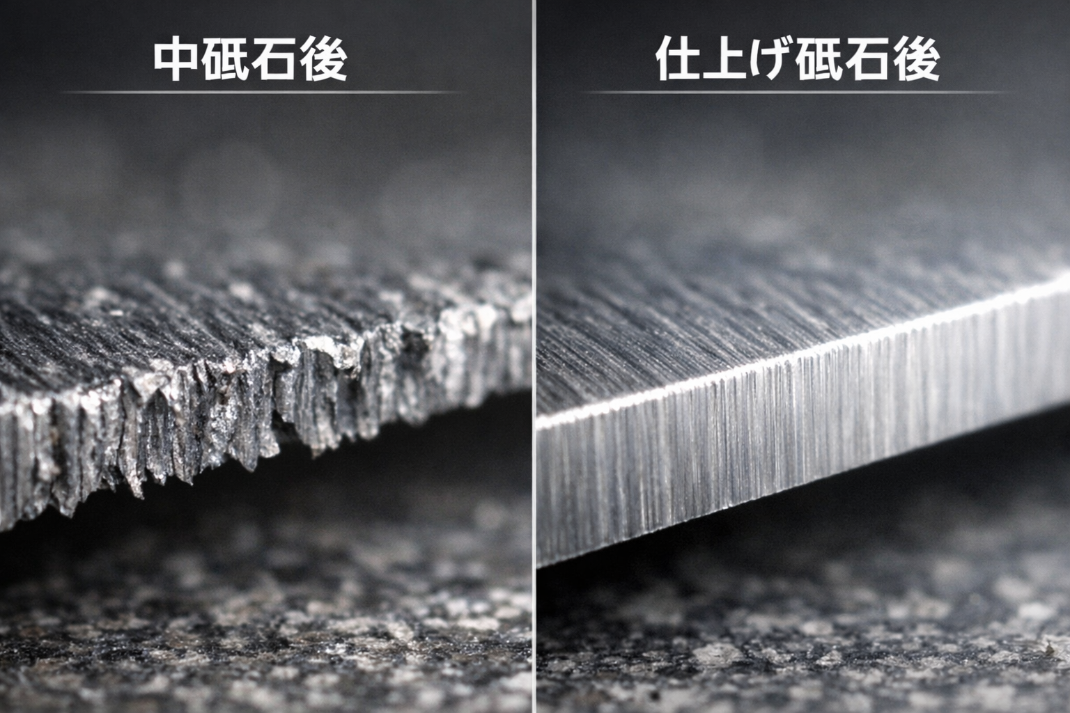 中砥石で研いだ後の刃先と仕上げ砥石後の刃先の顕微鏡比較イメージ