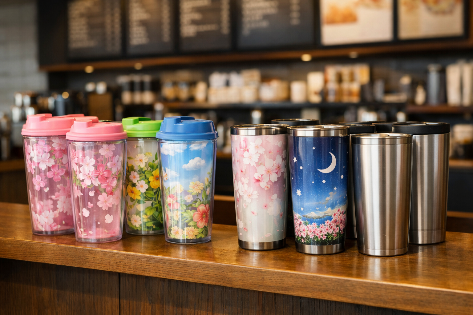 スターバックスの店頭に陳列された、季節限定のデザインが施されたプラスチック製とステンレス製のタンブラー