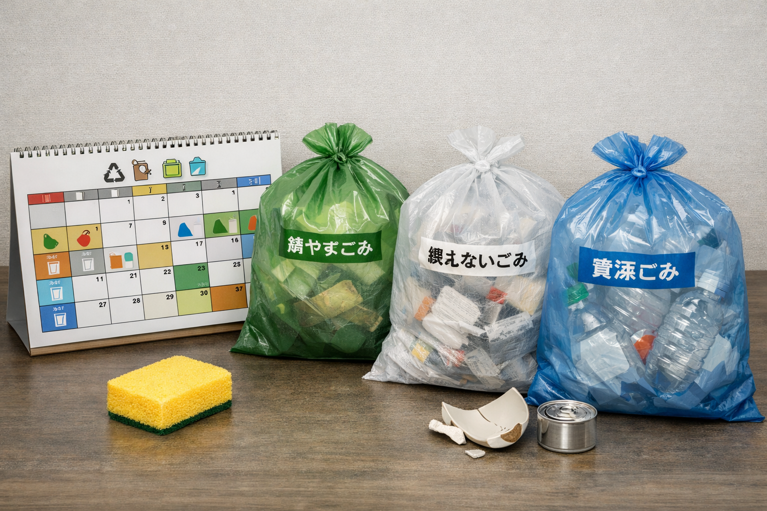 各自治体のゴミ分別カレンダーと指定ゴミ袋のイメージ