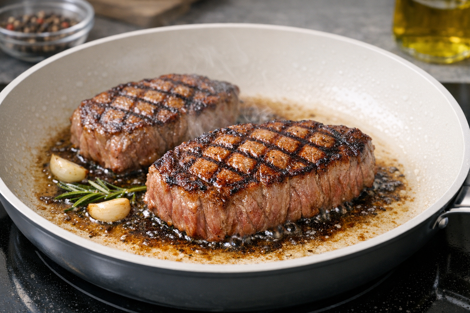 セラミックコーティングのフライパンで、厚切りの肉に綺麗な焼き目がついている調理中の写真