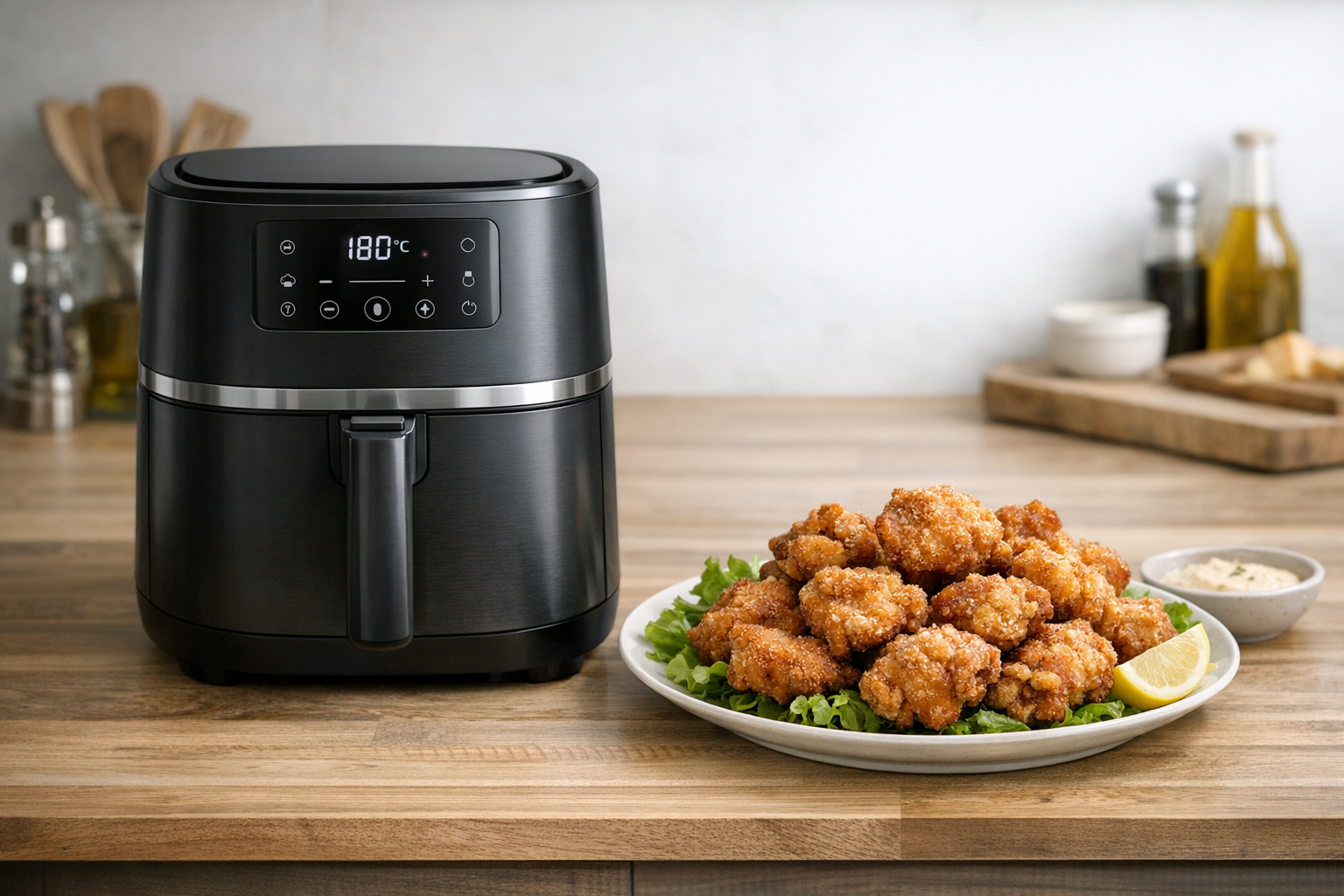 キッチンに置かれたスタイリッシュなノンフライヤーと、美味しそうに仕上がった唐揚げのイメージ