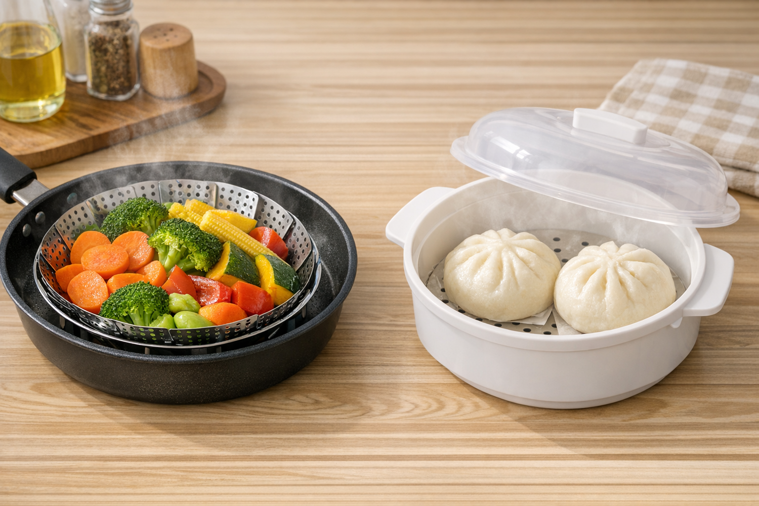 100均蒸し器で調理された色鮮やかな温野菜と肉まんのイメージ画像