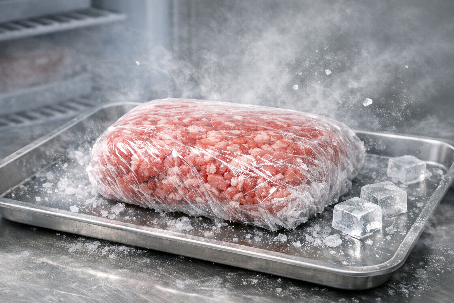 金属トレーの上でラップに包まれた肉の急速冷凍イメージ