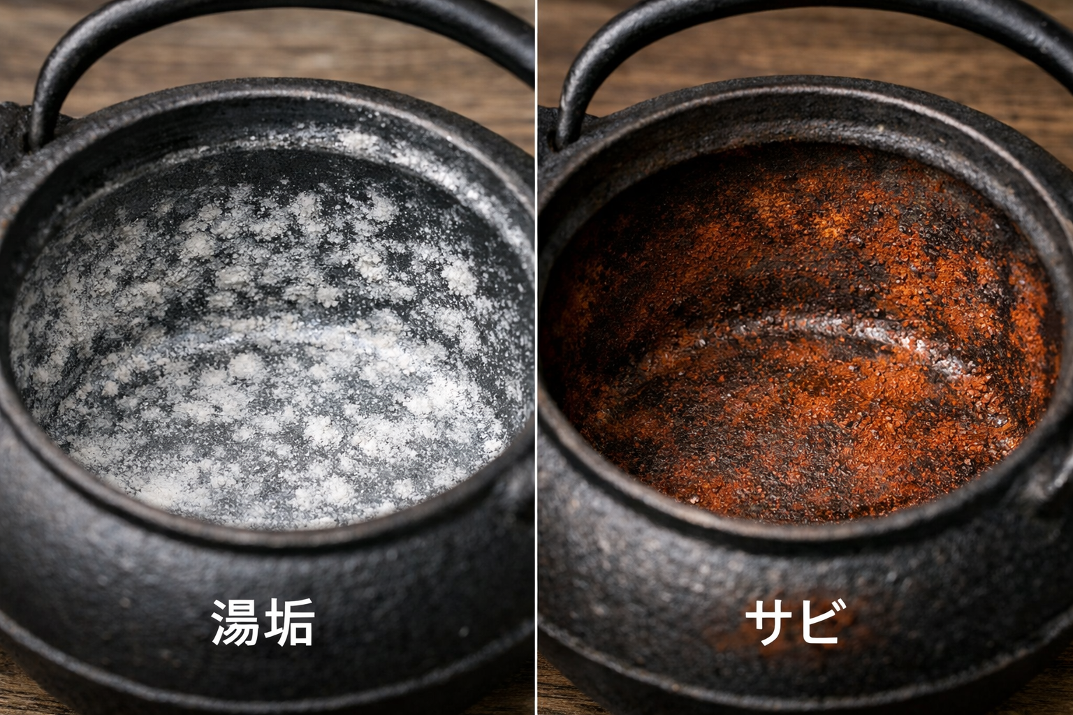 鉄瓶の内側に付着した白い湯垢と赤いサビの対比図