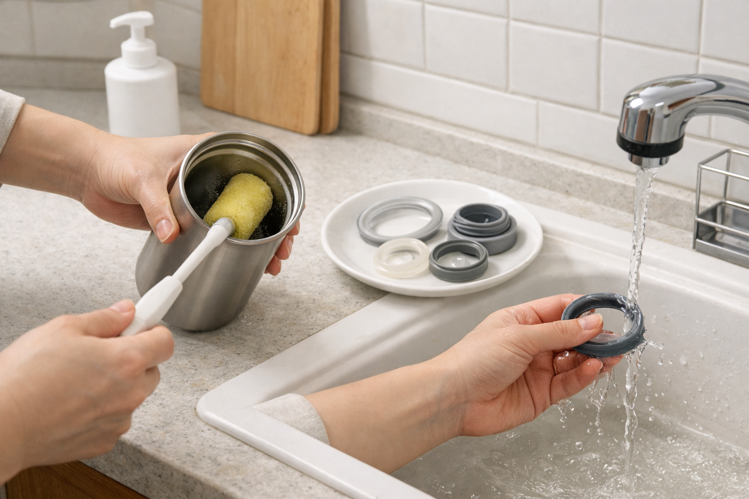 柄の長い専用のスポンジを使ってタンブラーの底まで丁寧に洗い、取り外したパッキンを別にして洗浄している様子