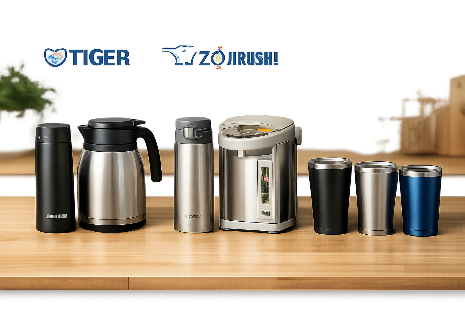 国内主要メーカー（タイガー・象印・サーモス）のロゴや製品比較のイメージ