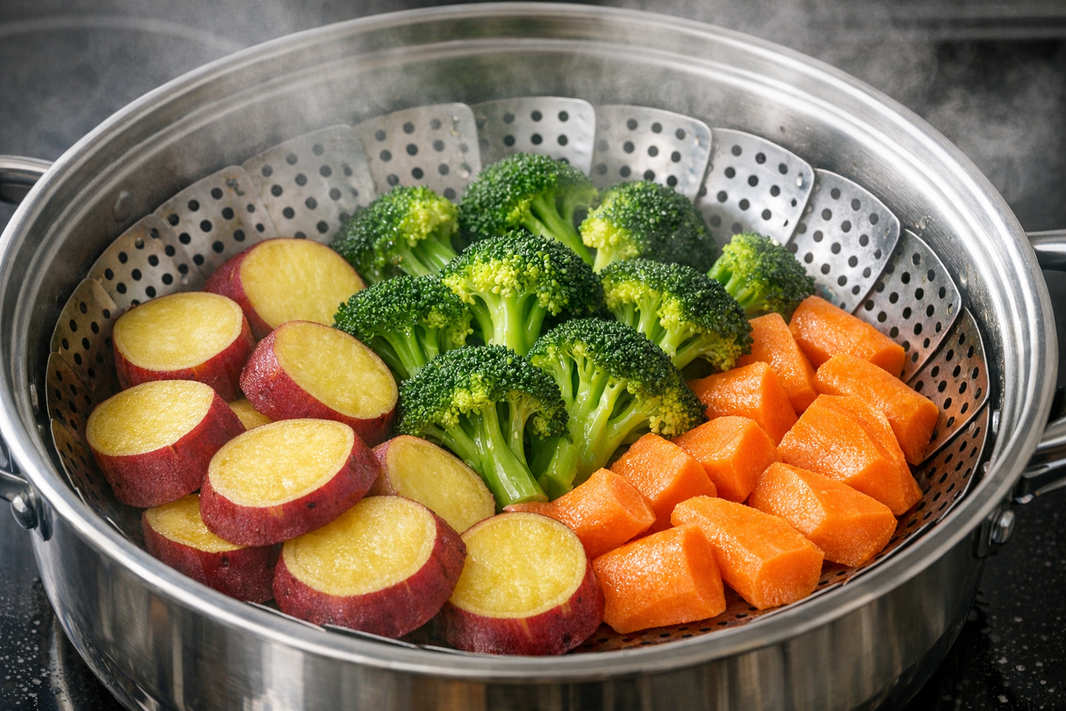 さつまいも、ブロッコリー、にんじんなどが色鮮やかに蒸し上がっている様子