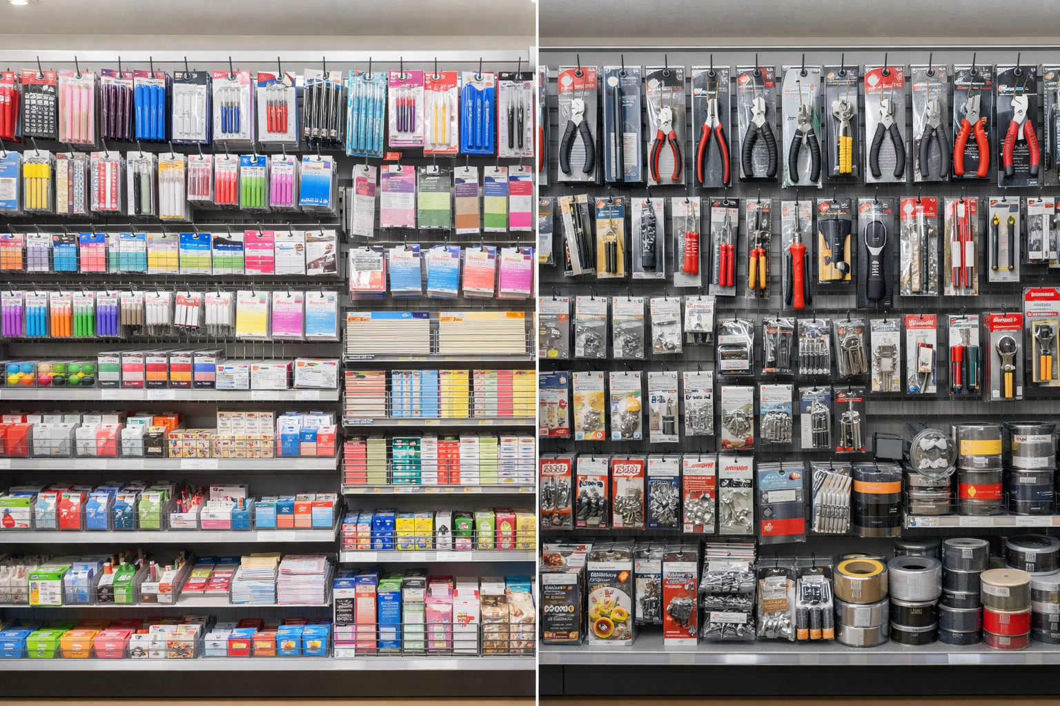 ダイソーの文具コーナーと工具コーナーの棚の様子を比較した写真