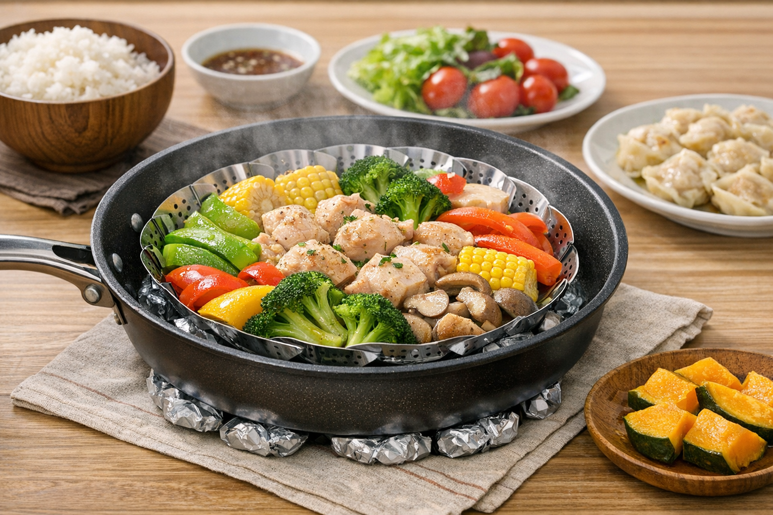 食卓に並べられた、フライパンを活用して作られた色鮮やかな蒸し料理の完成イメージ