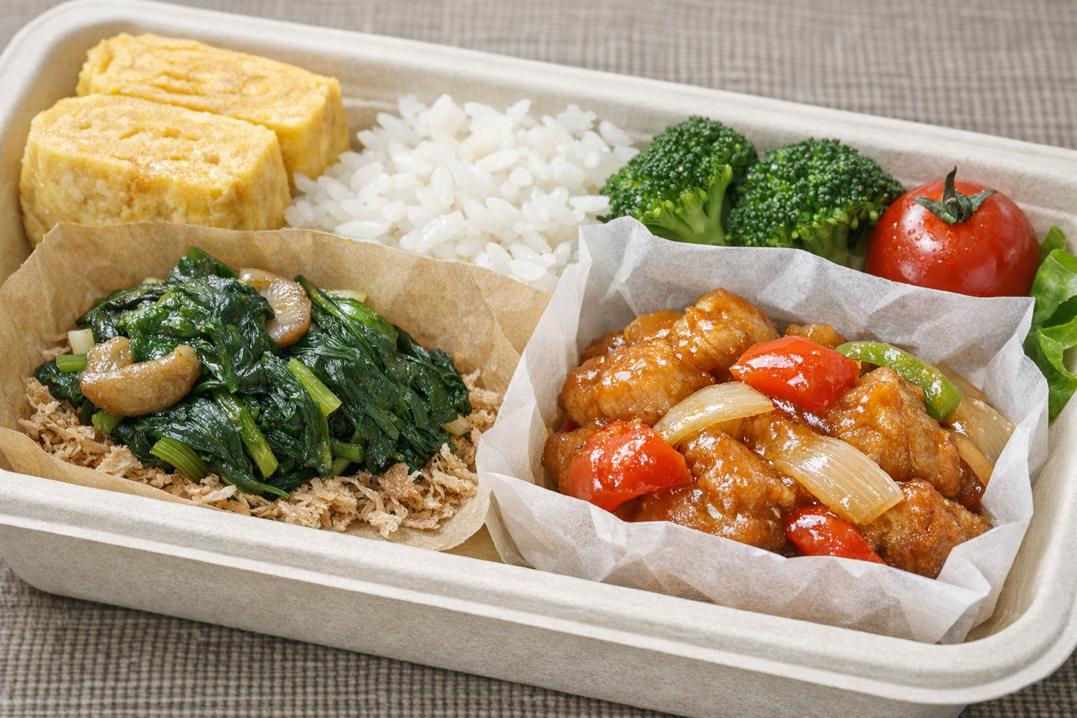 水分の多いおかずの下に鰹節を敷いたり、ワックスペーパーで仕切ったりしている様子