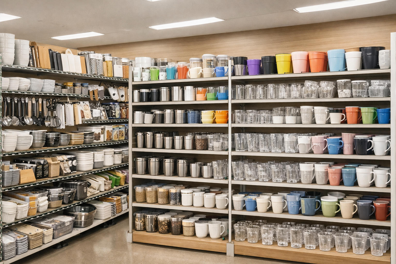 セリアの店内に陳列されたキッチン用品とコップの棚
