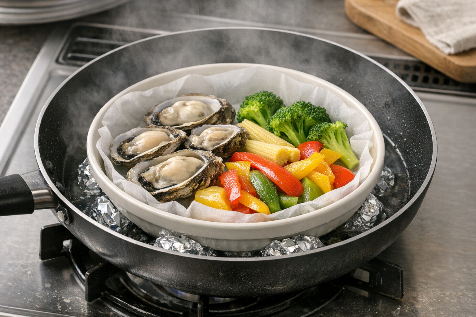 フライパンの中に耐熱皿を置き、その上に食材を乗せているセッティング図