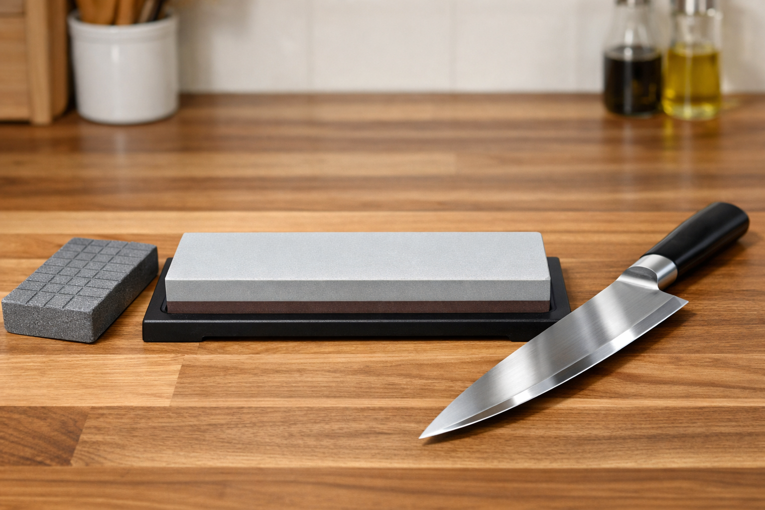 平らにメンテナンスされた砥石と、美しく研がれた包丁