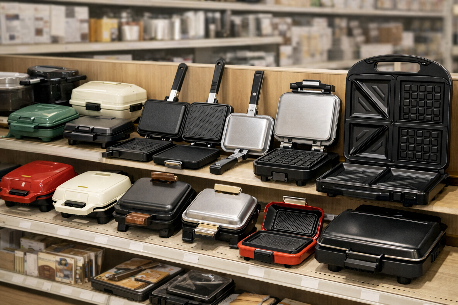 キッチン用品売り場に並ぶ様々な種類のホットサンドメーカー