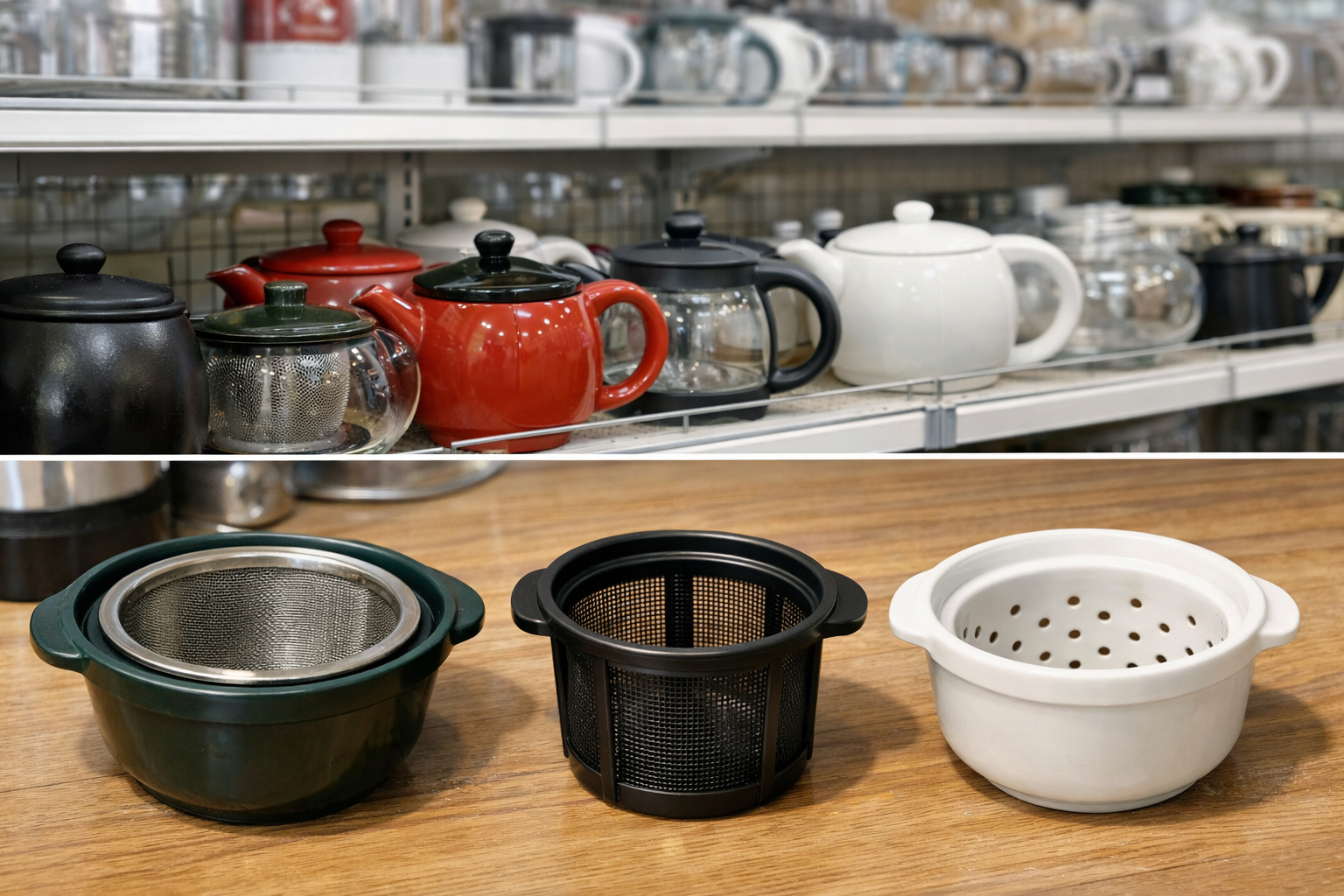 ダイソーやセリアの店頭に並ぶ急須、または急須の茶こし構造を比較しているイメージ